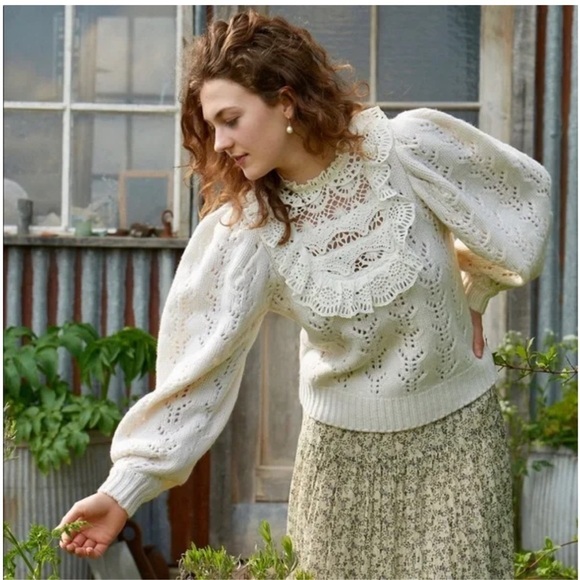 SEA New York Womens Patrizia Wool Lace Sweater Sz Medium Ivory Wool Long Sleeve